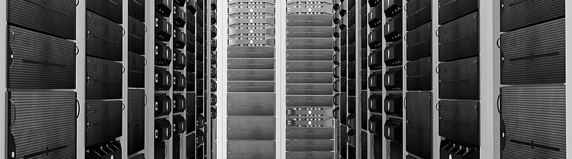 artistic image of data center cabinents, in black and white