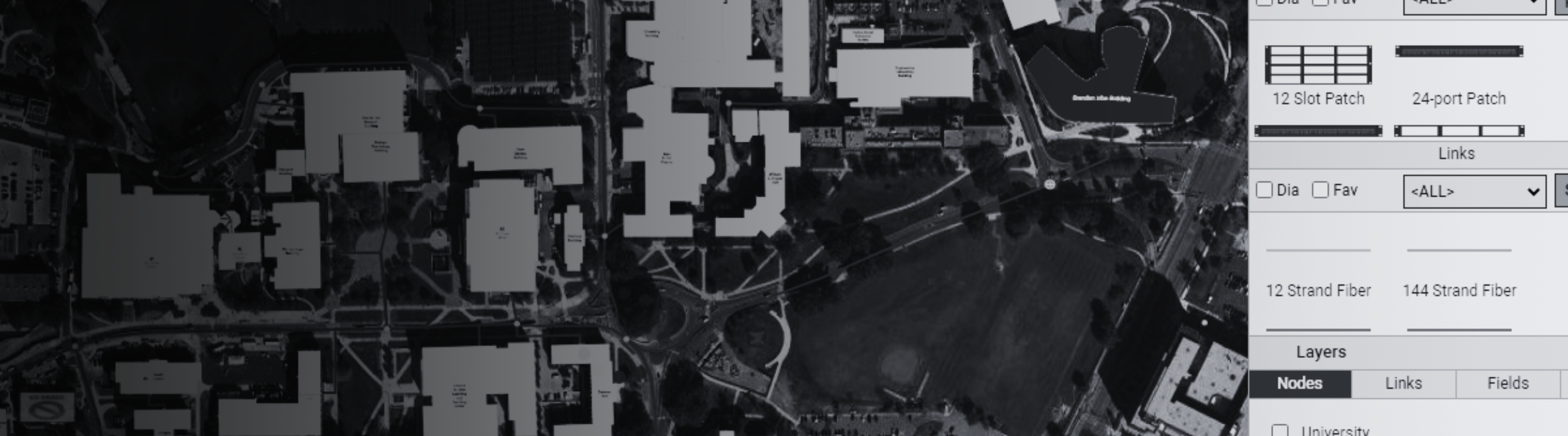 Fiber documentation map showing buildings and fiber strands in netTerrain OSP