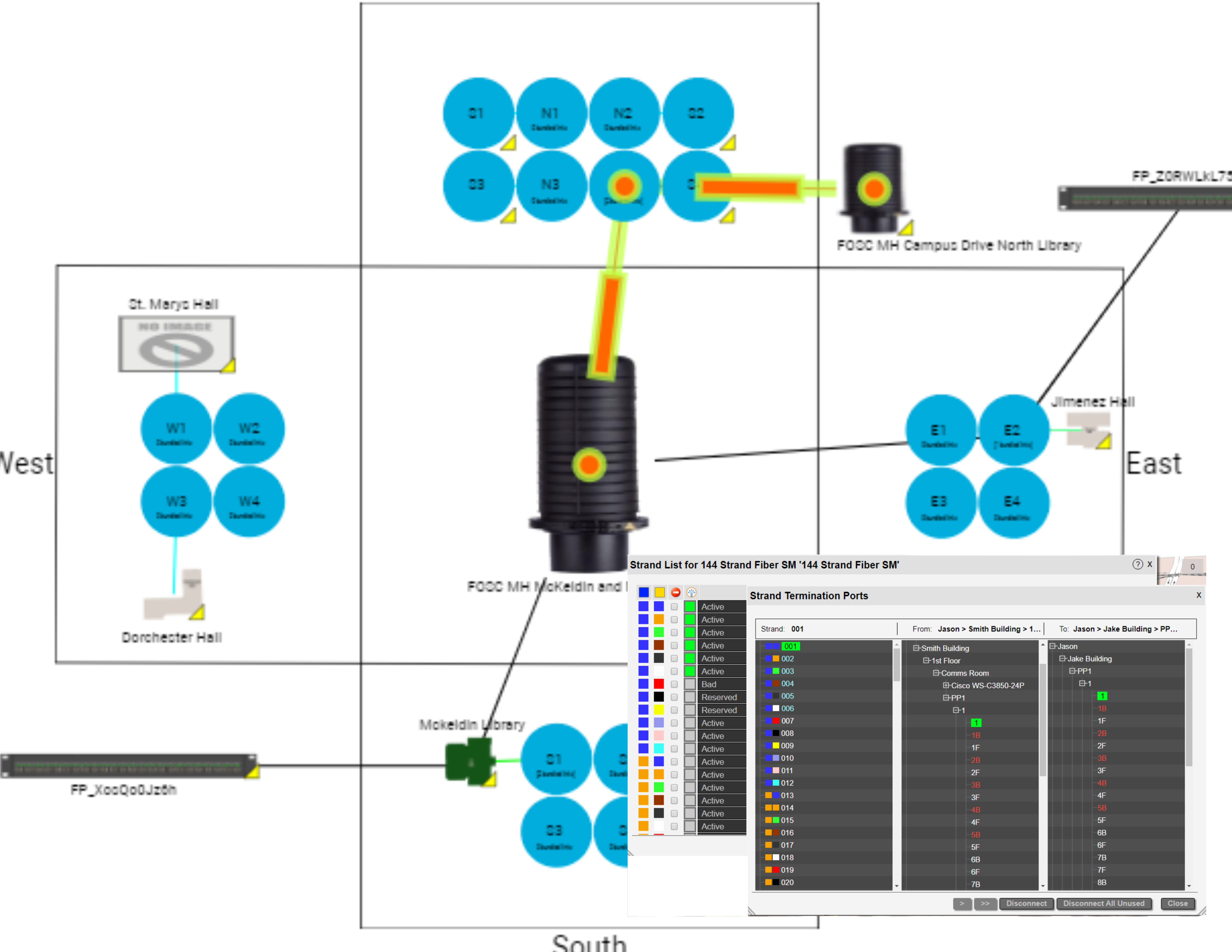 Manhole example showing fiber strands documented in netTerrain OSP