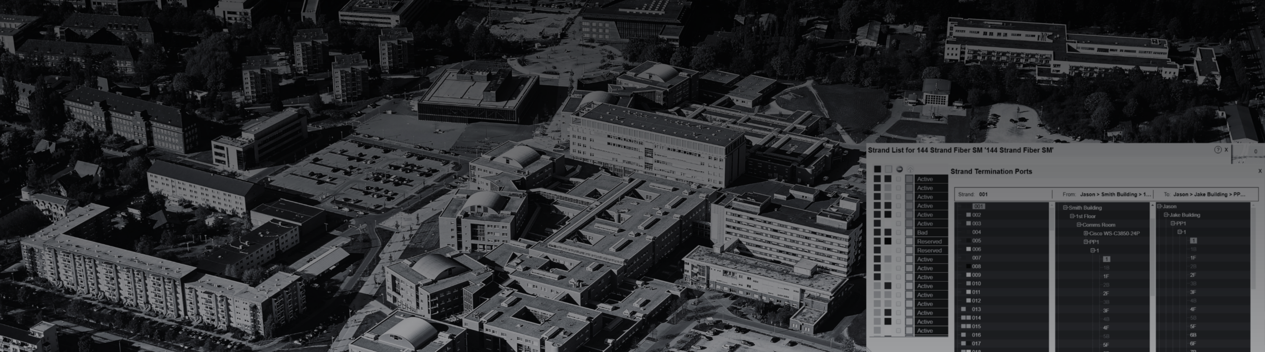 Campus network infrastructure documentation with buildings closets fiber paths and IP space