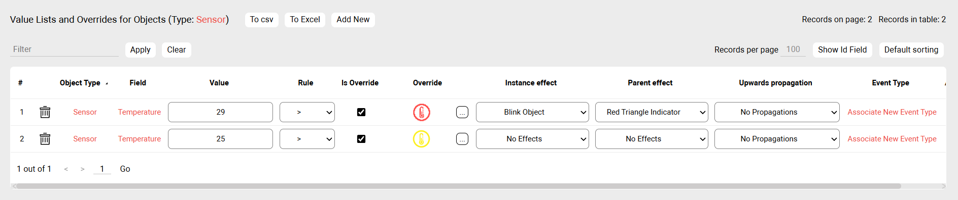 Example of critical and warning temp configurations in netTerrain DCIM