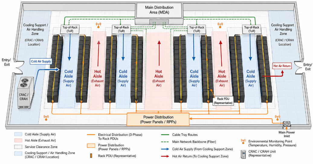 Integrated Data Center Layout (Cooling, Power, Network, Access and Monitoring)