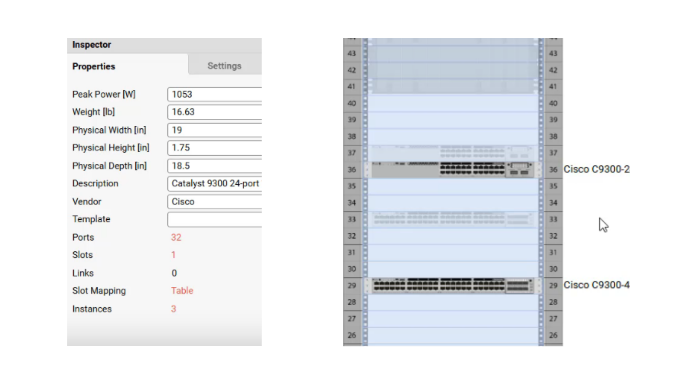 Device physical-depth settings and front-to-back rack placement