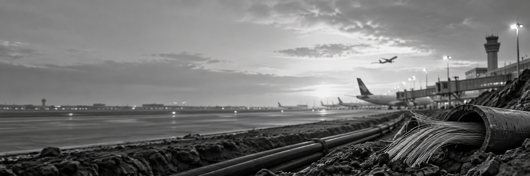 Airport runway and fiber optic infrastructure representing a communications fiber cut affecting air travel