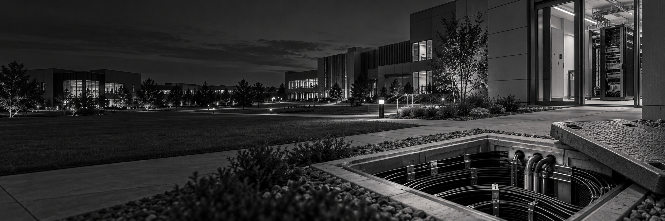 Black-and-white illustration of a modern campus, underground fiber cables and an equipment rack.