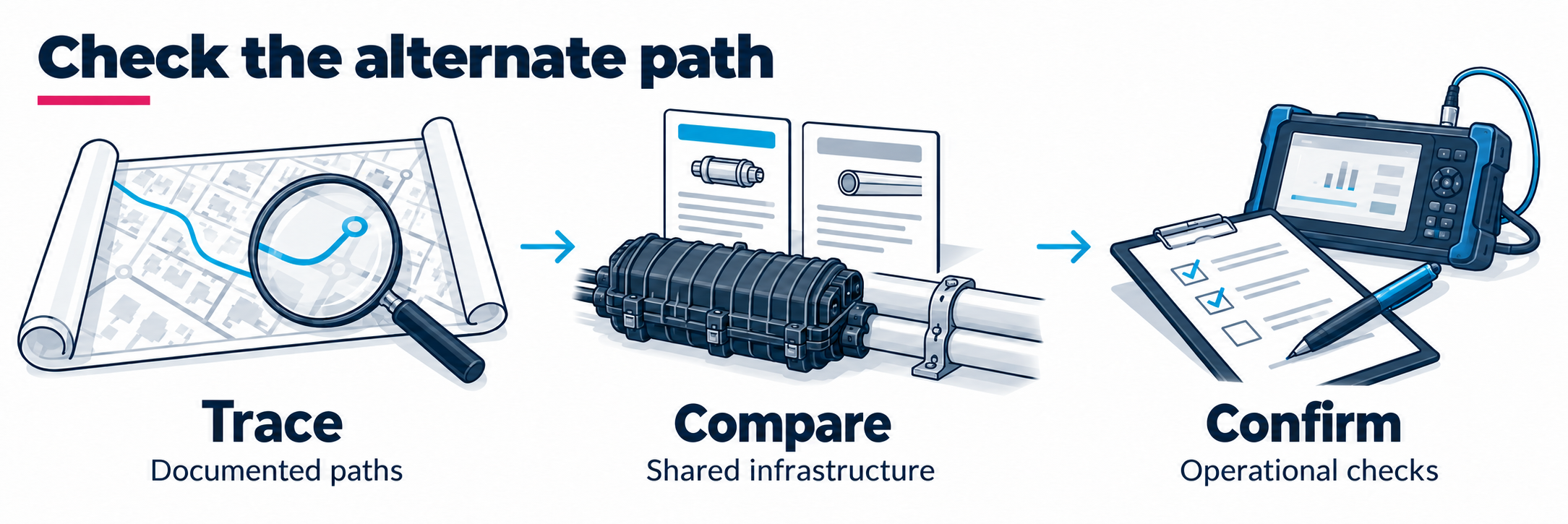 Alternate fiber path review showing trace documented paths, compare shared infrastructure, and confirm operational checks.