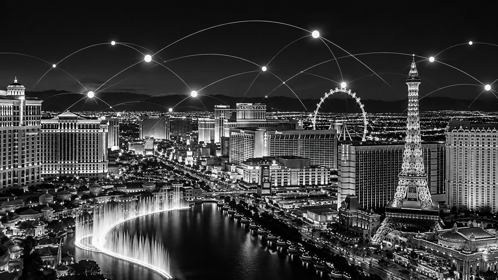Black-and-white Las Vegas skyline with glowing network connection lines and nodes.