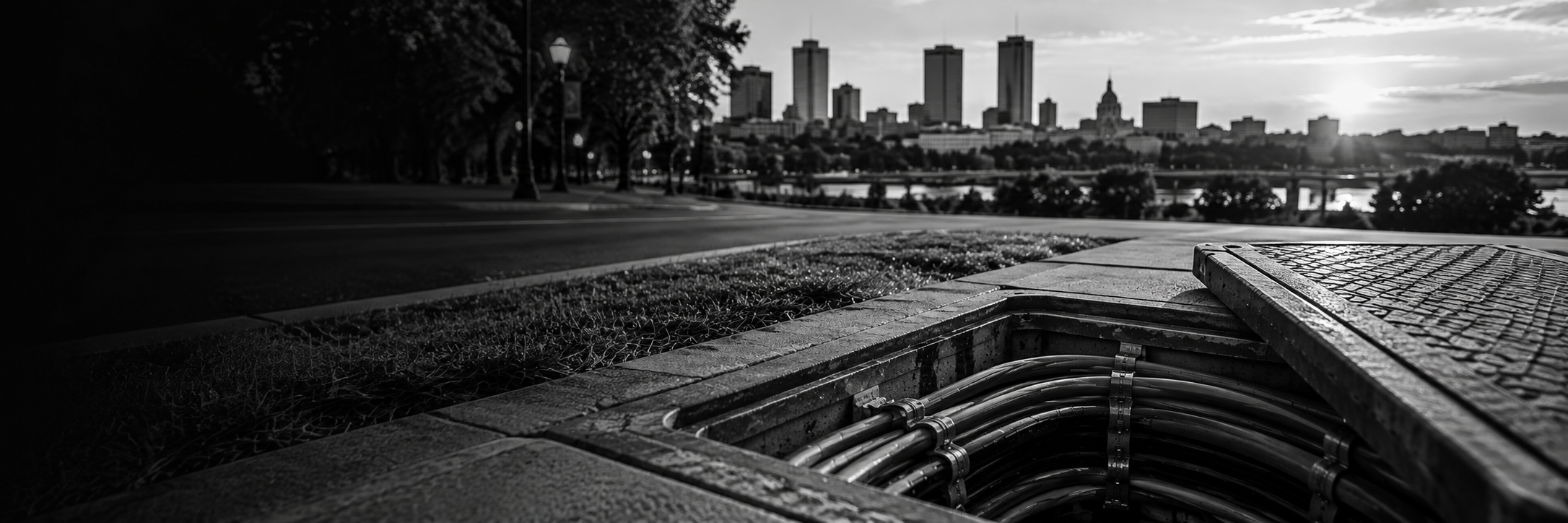 Underground fiber cables beneath a city skyline representing municipal outside plant infrastructure and fiber documentation