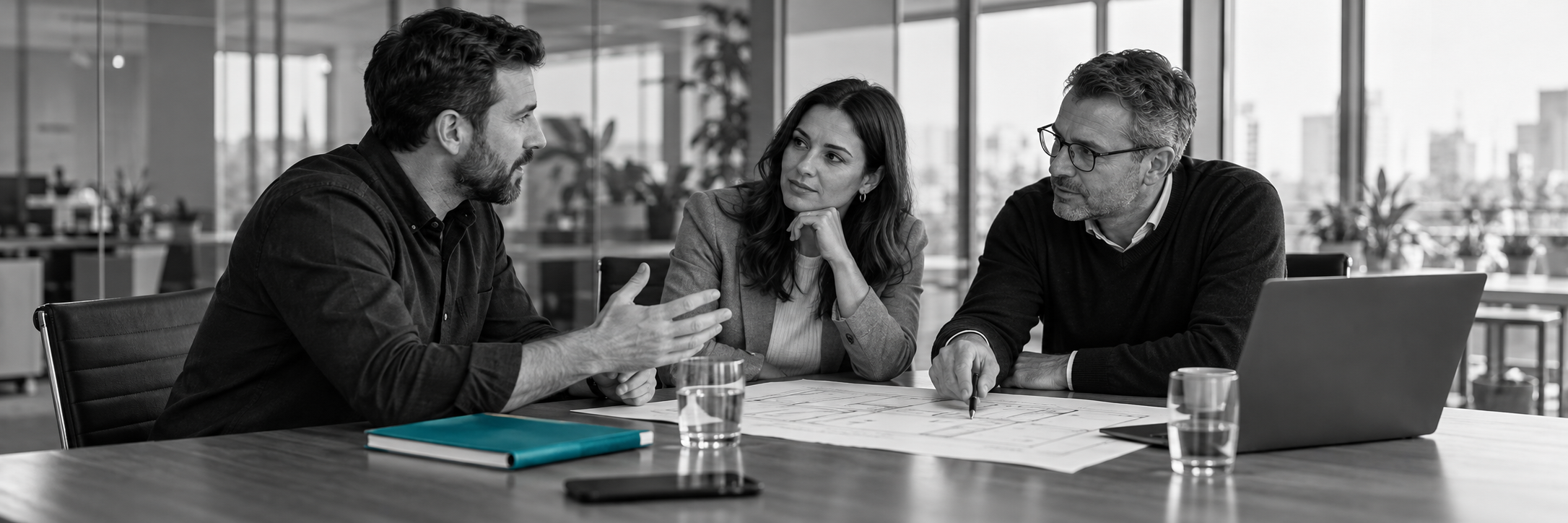 A reseller and a customer IT team discussing infrastructure requirements in a meeting room.