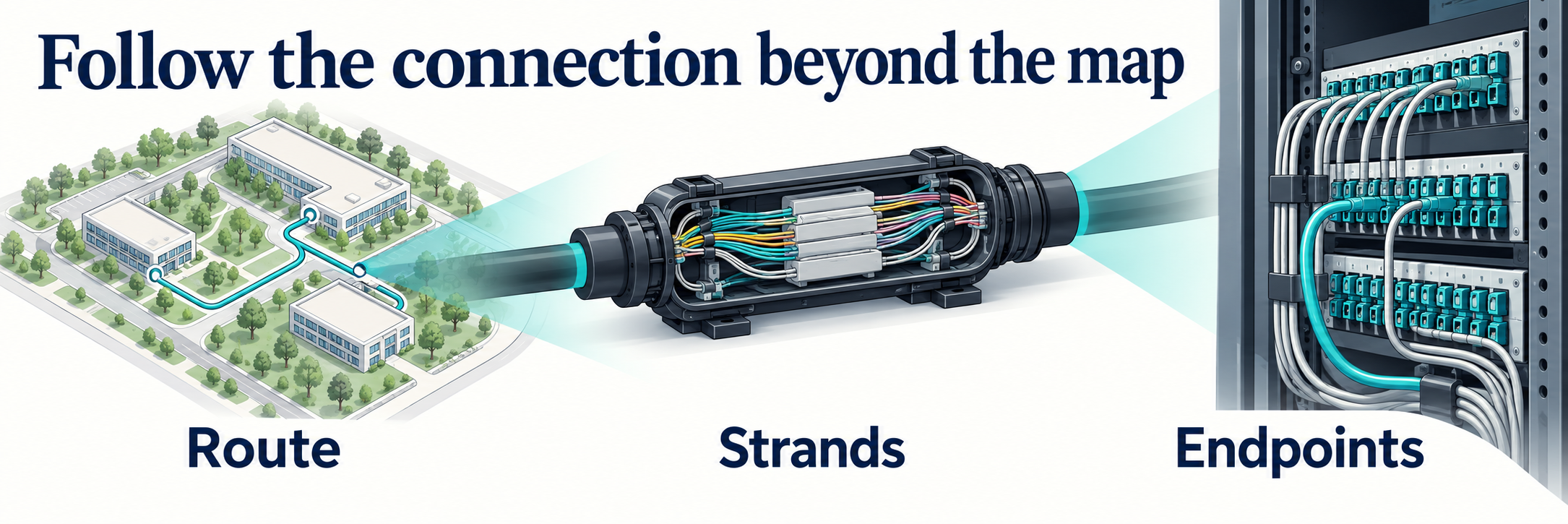 Follow the connection beyond the map: campus route, individual fiber strands, and patch-panel endpoints.