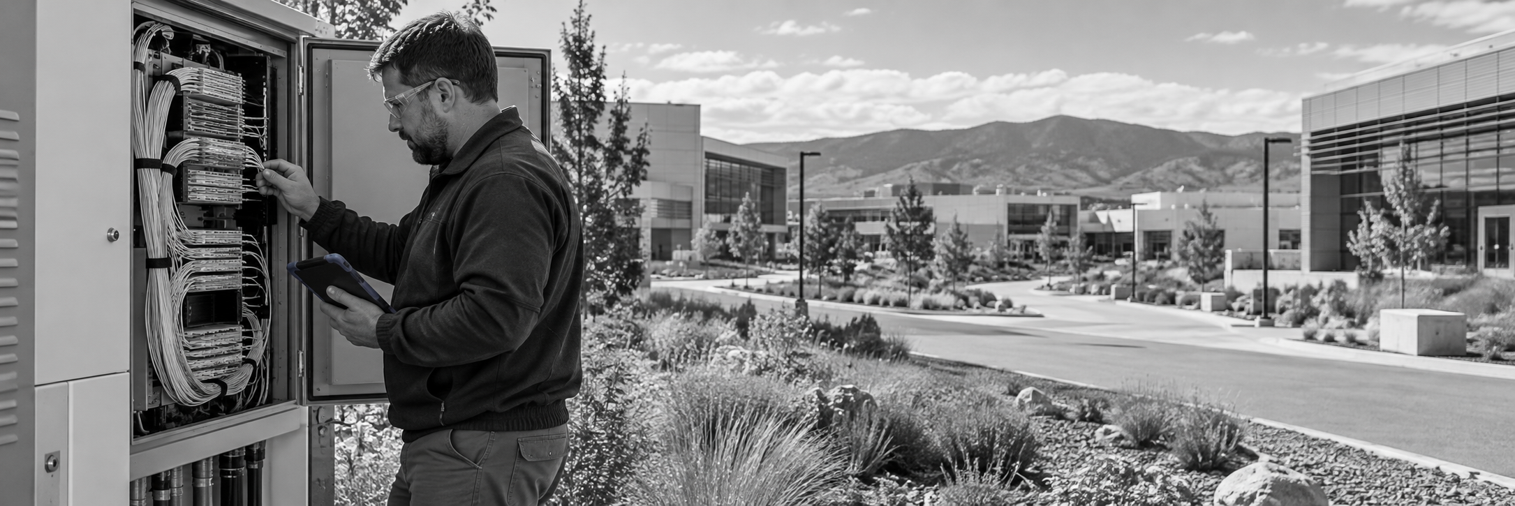 A fiber technician checking an outdoor distribution cabinet on a research campus.