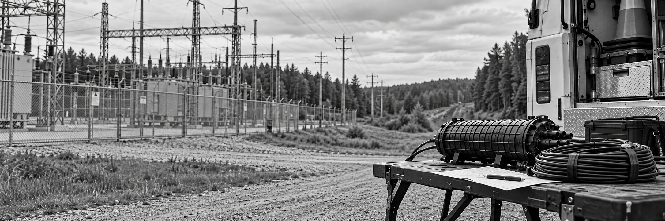 Utility fiber splice enclosure, cable, work records and substation infrastructure representing planned fiber maintenance.